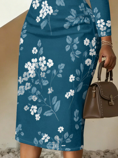 Teal & White Floral V-Neck Bodycon Midi Dress UMG2753