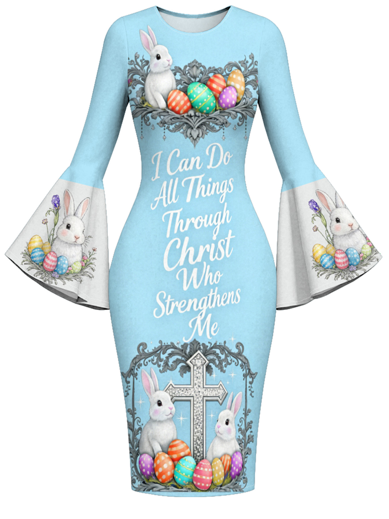 Sky Blue Easter Bunny Cross Easter Flare Sleeve Bodycon Midi Dress
