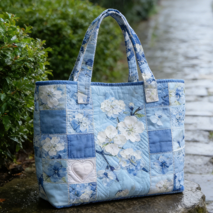 Blue Floral Quilted Tote Bag DSEF7382