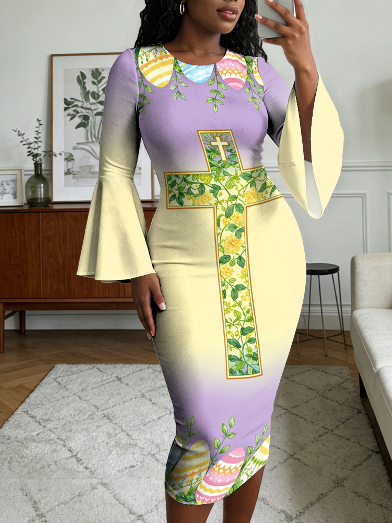 Ombre Purple-Yellow Cross Easter Flare Sleeve Bodycon Midi Dress