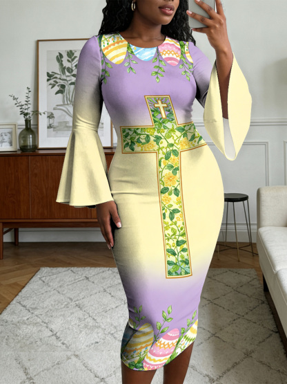 Ombre Purple-Yellow Cross Easter Flare Sleeve Bodycon Midi Dress