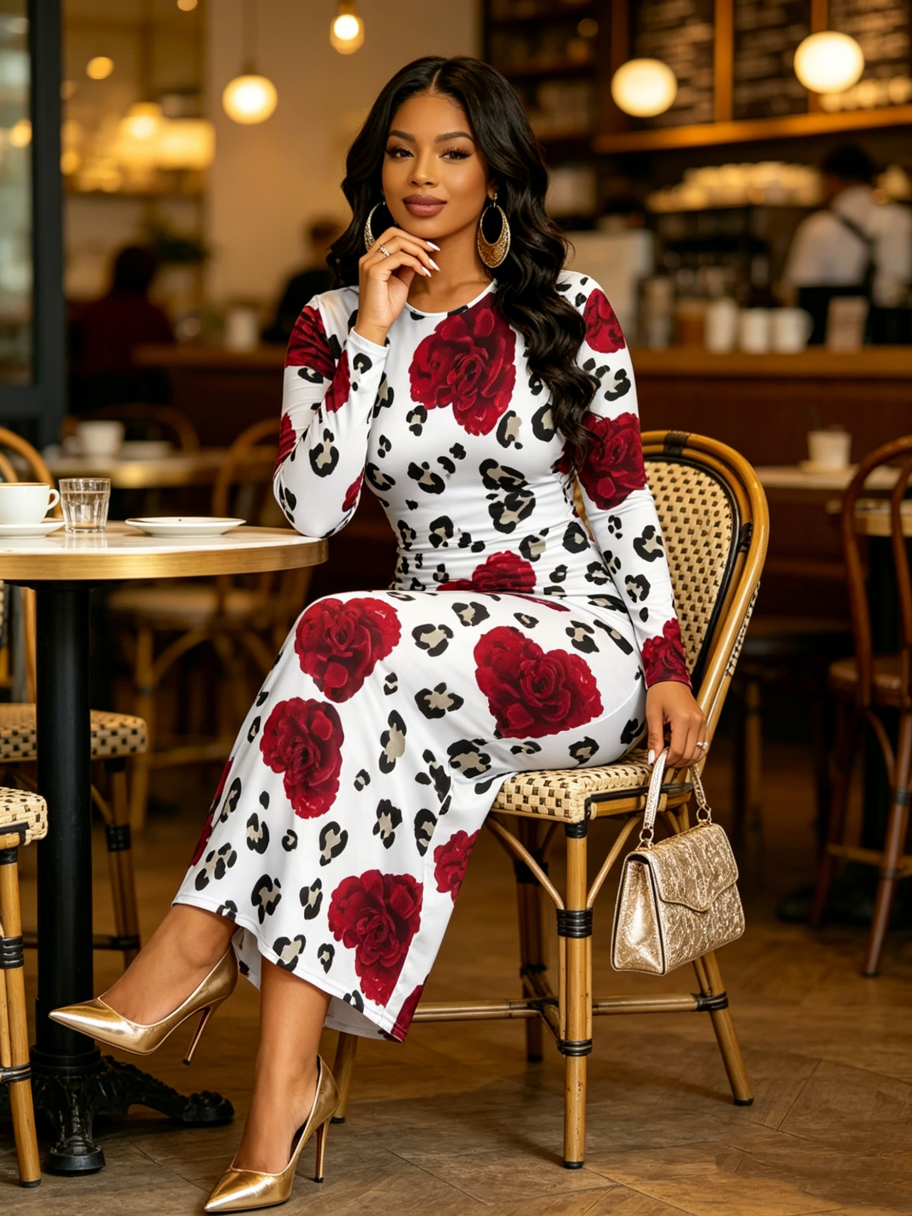 Red Heart Rose Leopard Round Sleeve Neck Long Bodycon Dress