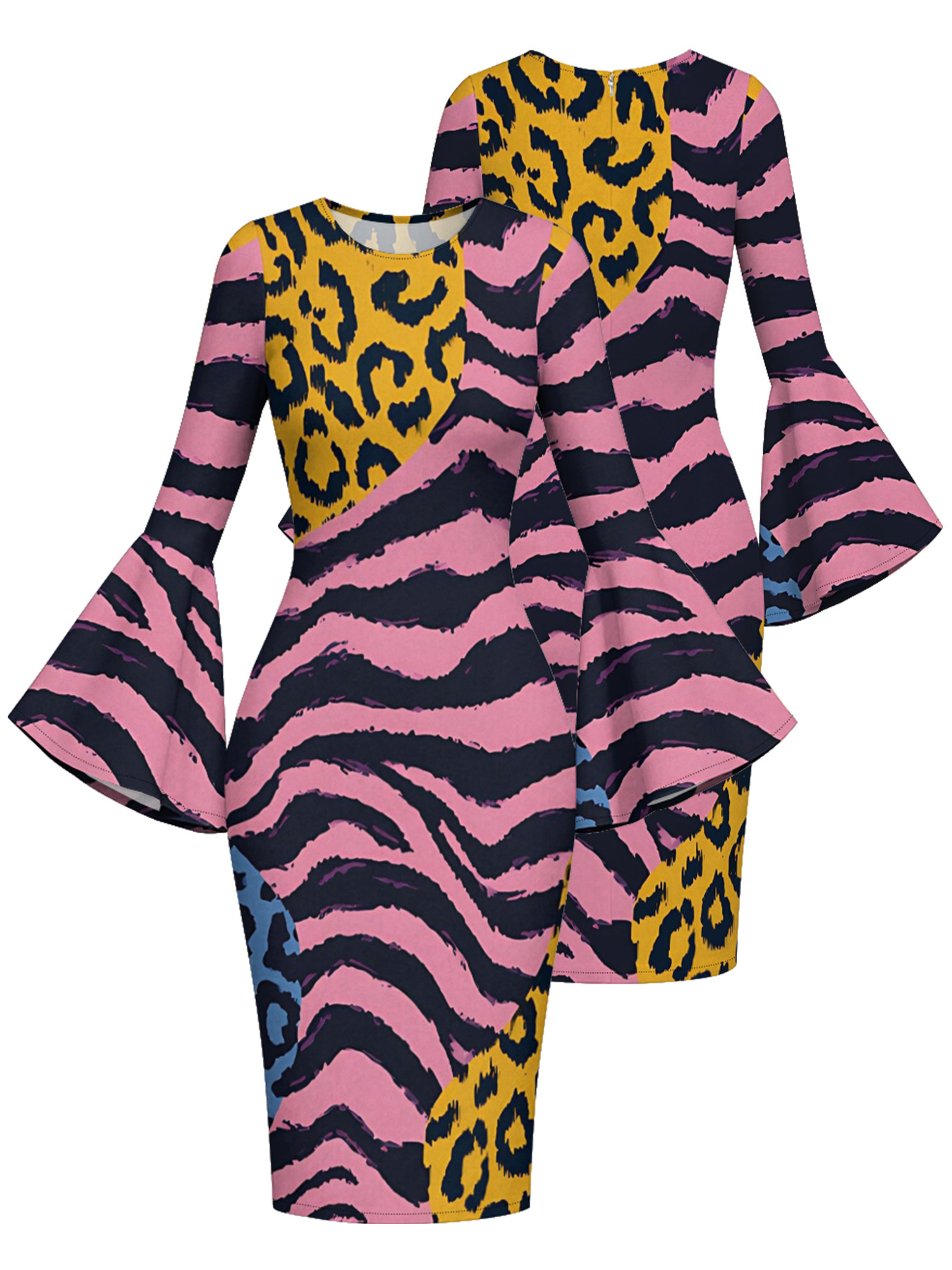 Color Block Animal Flare Sleeve Bodycon Midi Dress FGH5897