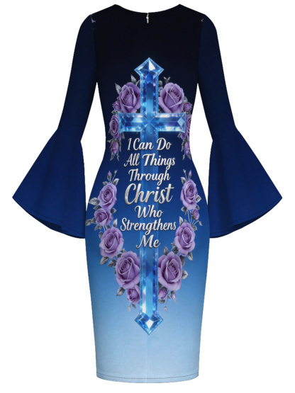 Gradient Blue Crystal Cross Easter Flare Sleeve Bodycon Midi Dress