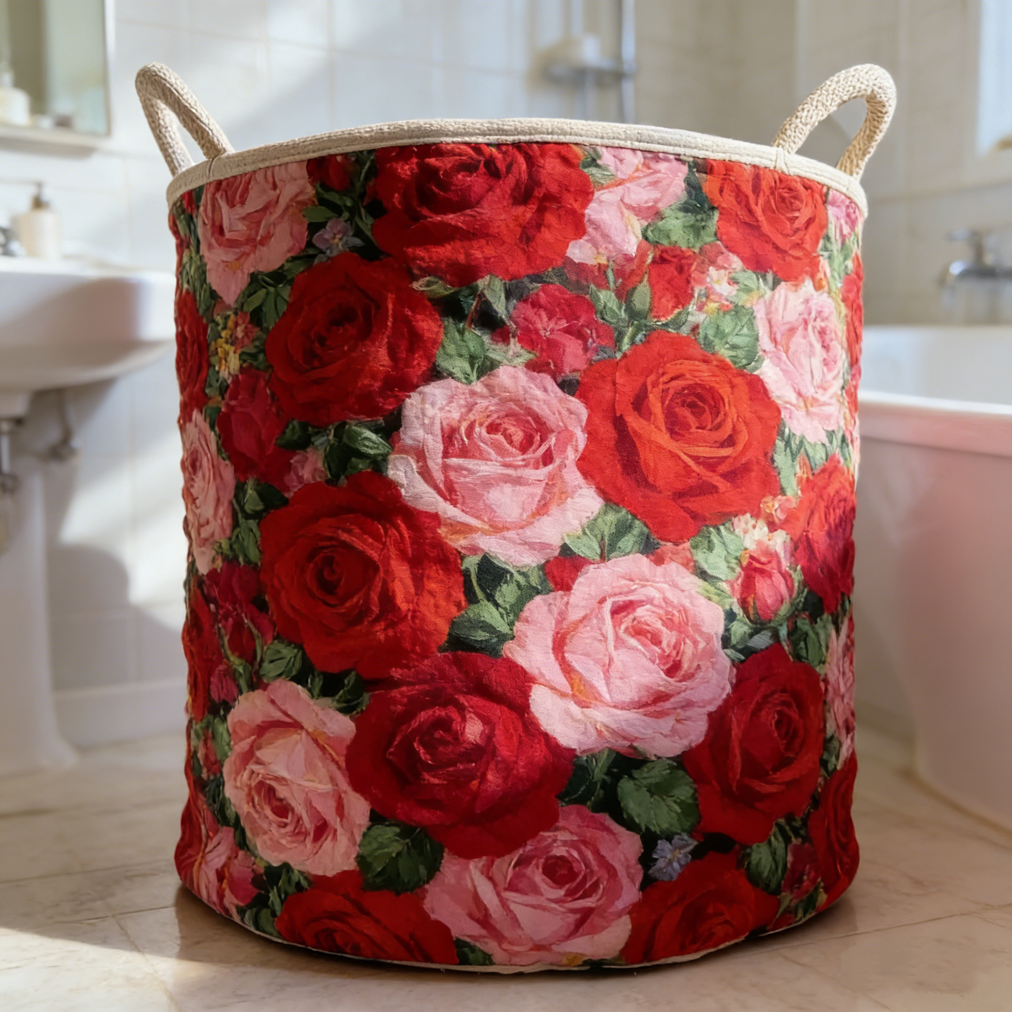 Romantic Red & Pink Rose Quilted Laundry Basket BVCXZAS1