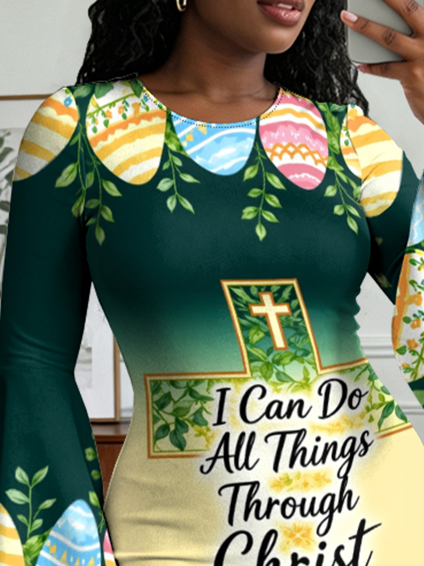 Easter Christian Cross Flare Sleeve Bodycon Midi Dress