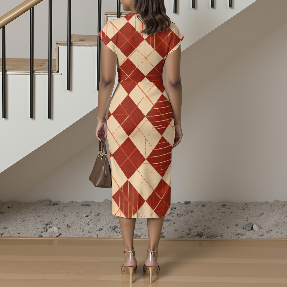 Rust & Beige Argyle Cap Sleeve V-Neck Midi Dress XWU825