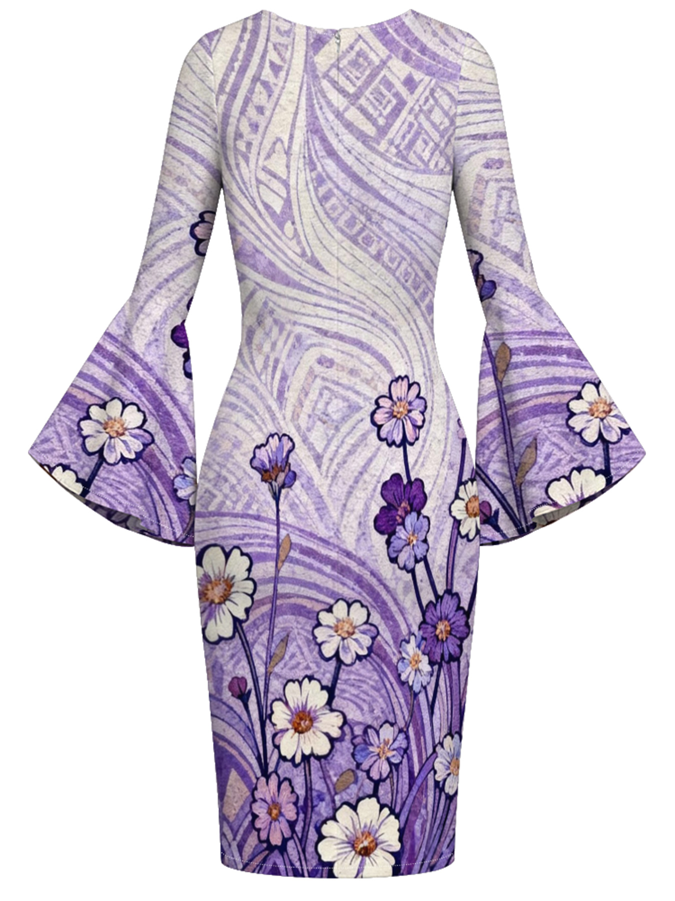 Purple Geometric Floral Flare Sleeve Bodycon Midi Dress HGF630