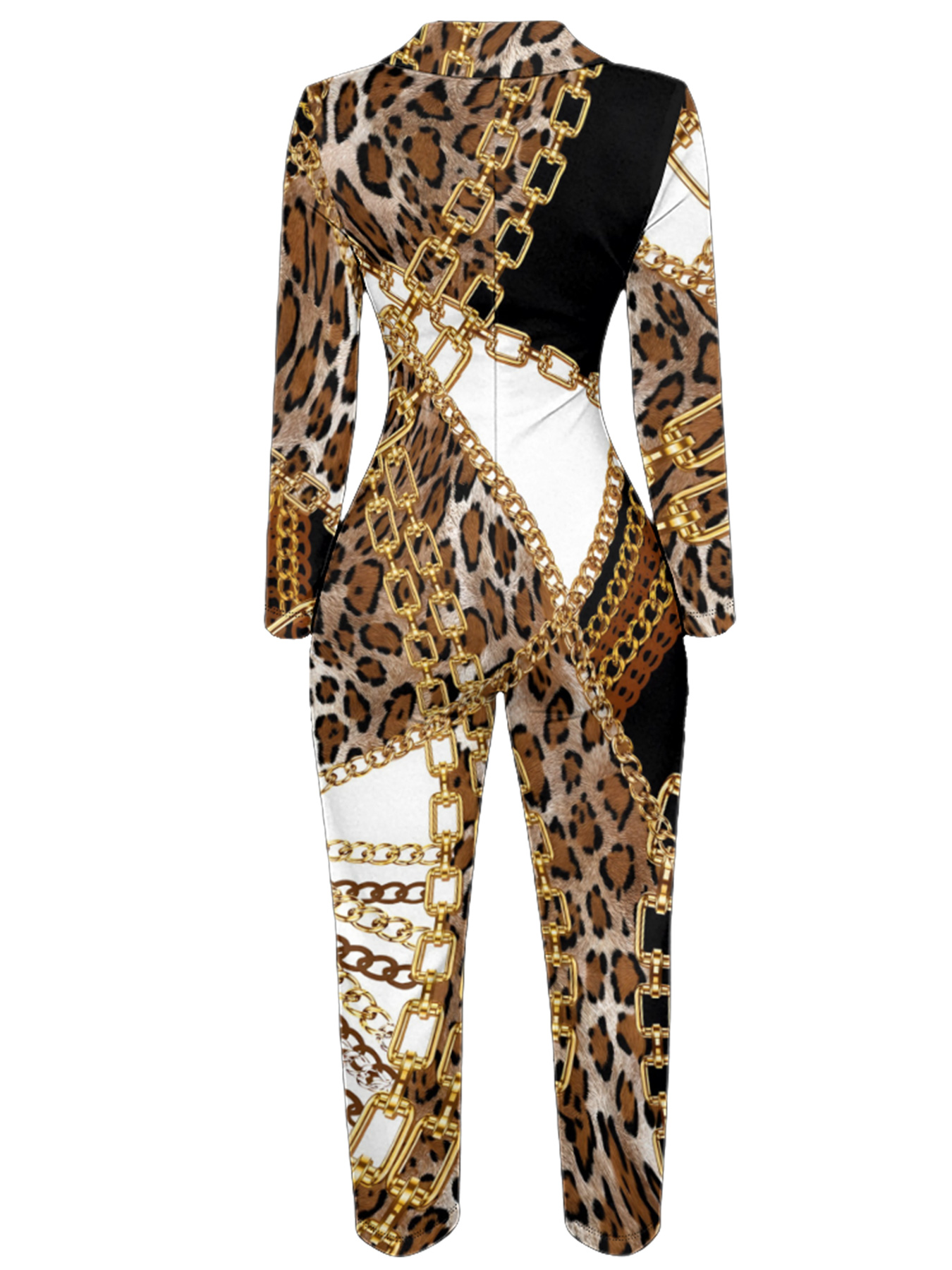 Leopard & Gold Chain Color Block Long Sleeve Zip-Up Jumpsuit 