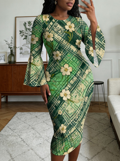 Green Plaid Floral Flare Sleeve Bodycon Midi Dress DCB840