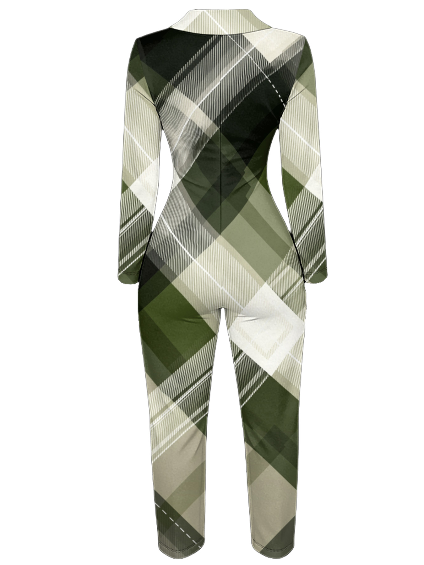 Green Plaid Long Sleeve Zip-Up Jumpsuit
