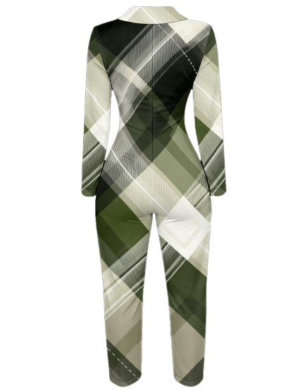 Green Plaid Long Sleeve Zip-Up Jumpsuit