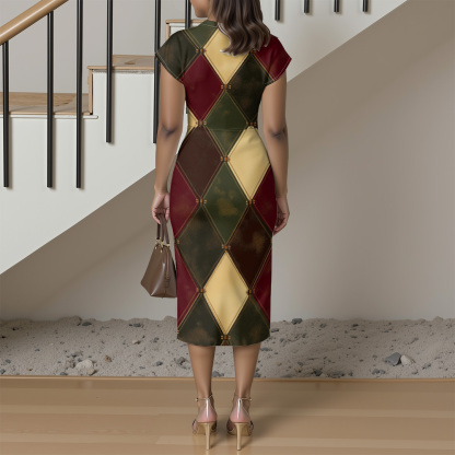 Colorblock Geometric Cap Sleeve V-Neck Midi Dress XWT816