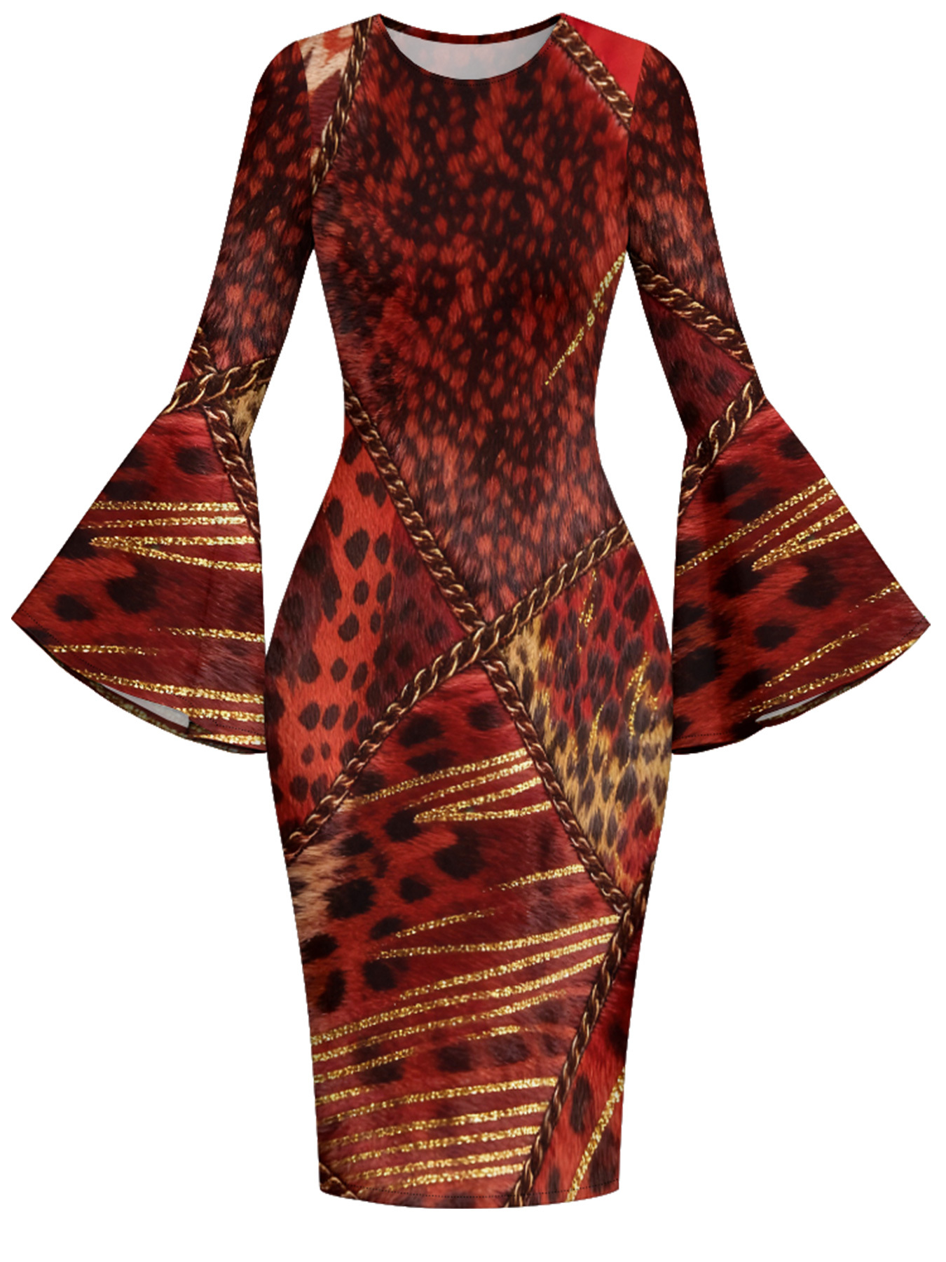 Red Leopard Print Gold Chain Flare Sleeve Bodycon Midi Dress CDF7382