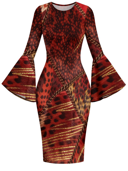 Red Leopard Print Gold Chain Flare Sleeve Bodycon Midi Dress CDF7382
