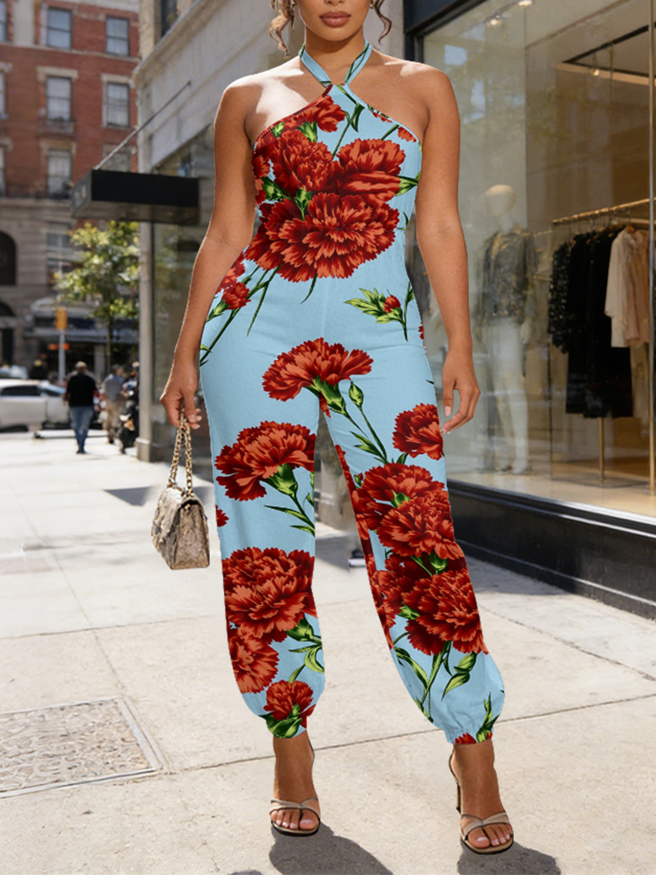 Red Carnation Sleeveless Halter Jumpsuit