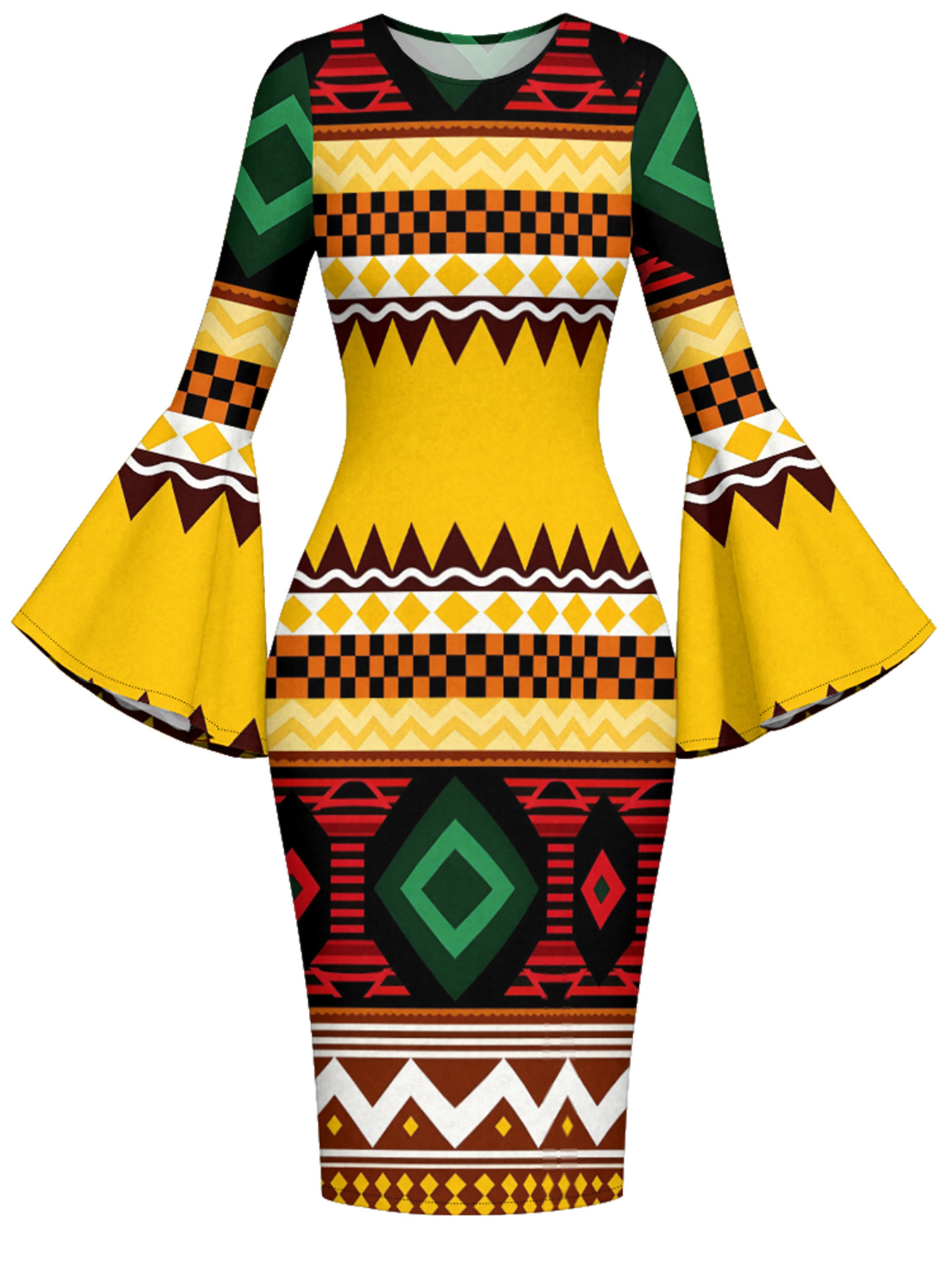 Warm-Tone Tribal Geometric Easter Flare Sleeve Bodycon Midi Dress