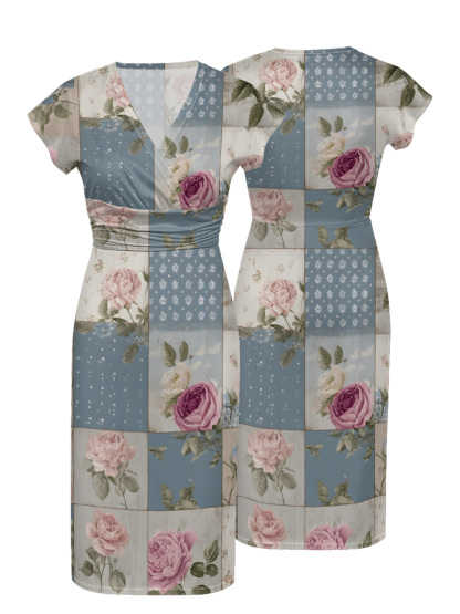 Vintage Dusty Blue Rose Patchwork Cap Sleeve V-Neck Midi Dress IUO0113