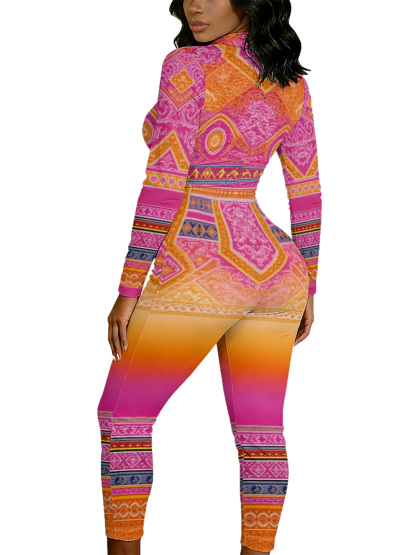 Pink Orange Boho Tribal Long Sleeve Zip-Up Jumpsuit 