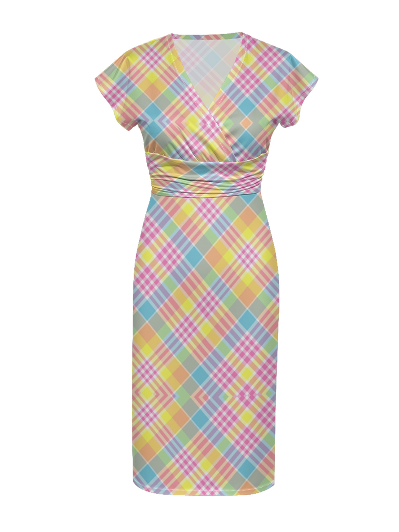 Rainbow Plaid Cap Sleeve V-Neck Midi Dress