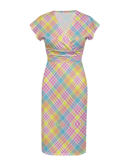 Rainbow Plaid Cap Sleeve V-Neck Midi Dress