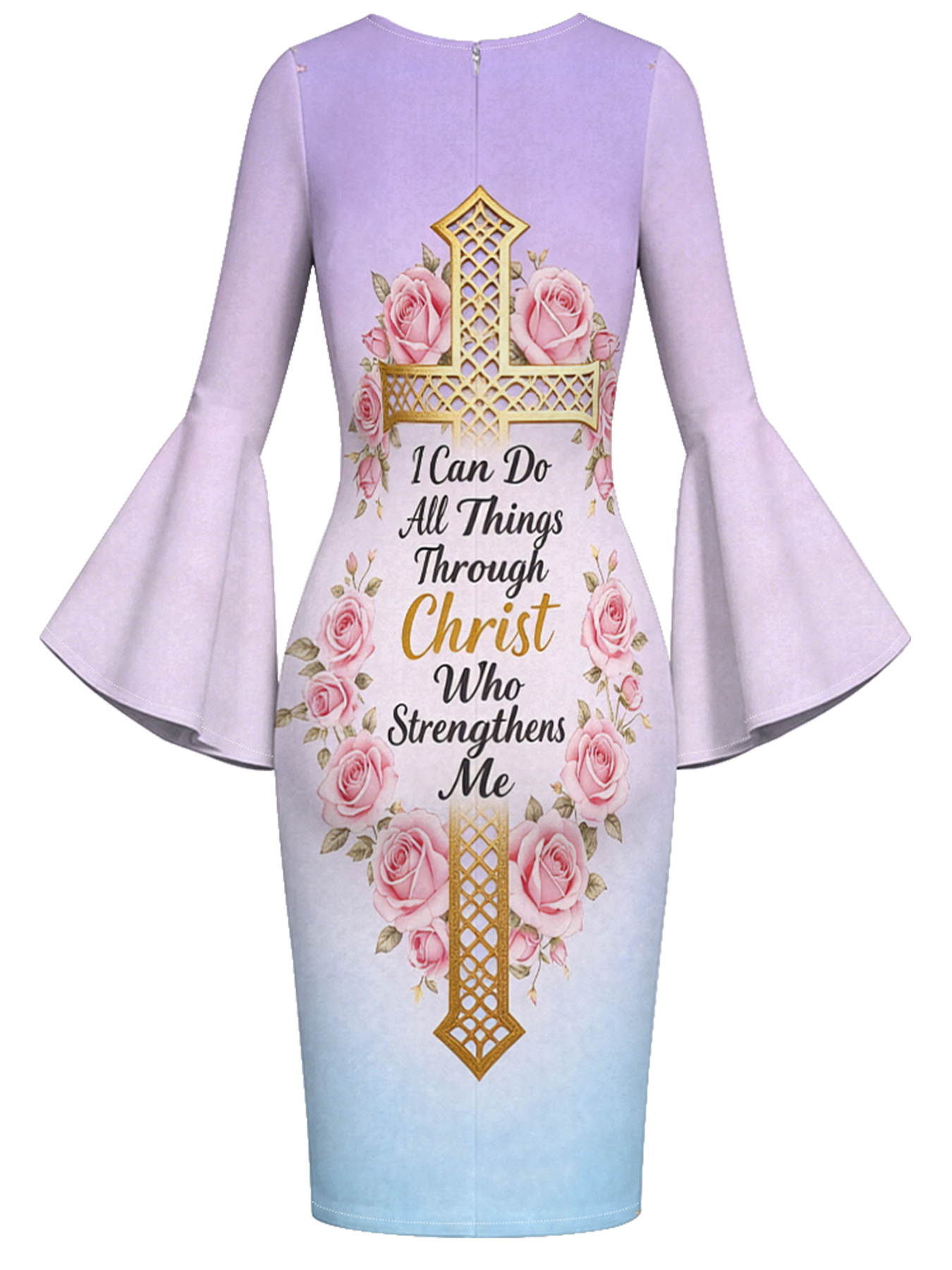 Ombre Purple-Blue Gold Cross Easter Flare Sleeve Bodycon Midi Dress