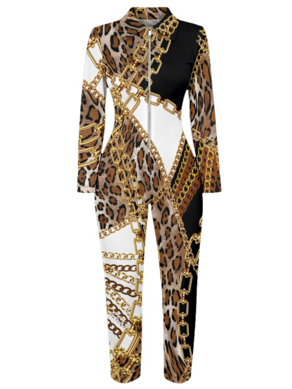 Leopard & Gold Chain Color Block Long Sleeve Zip-Up Jumpsuit 
