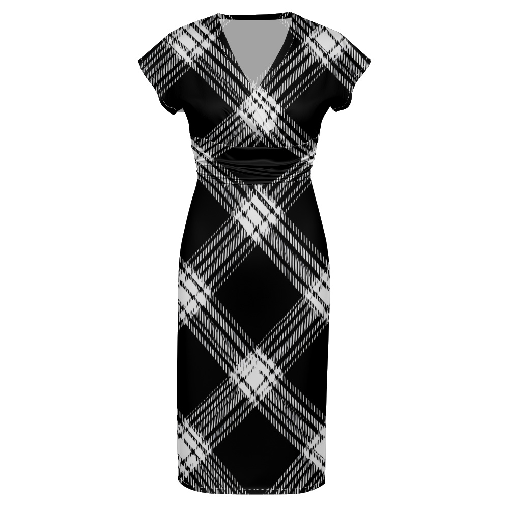 Black & White Plaid Cap Sleeve V-Neck Midi Dress ZXV927