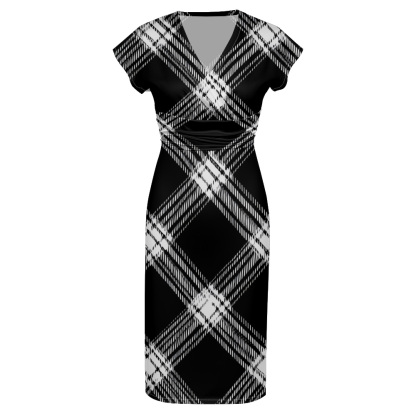 Black & White Plaid Cap Sleeve V-Neck Midi Dress ZXV927