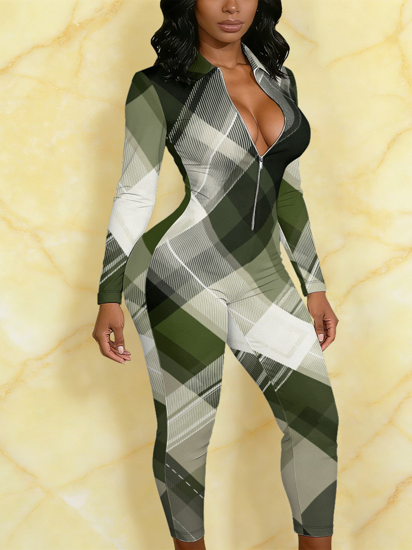 Green Plaid Long Sleeve Zip-Up Jumpsuit