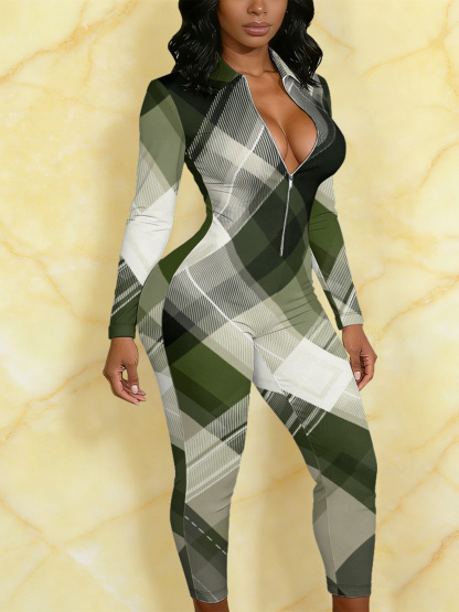 Green Plaid Long Sleeve Zip-Up Jumpsuit