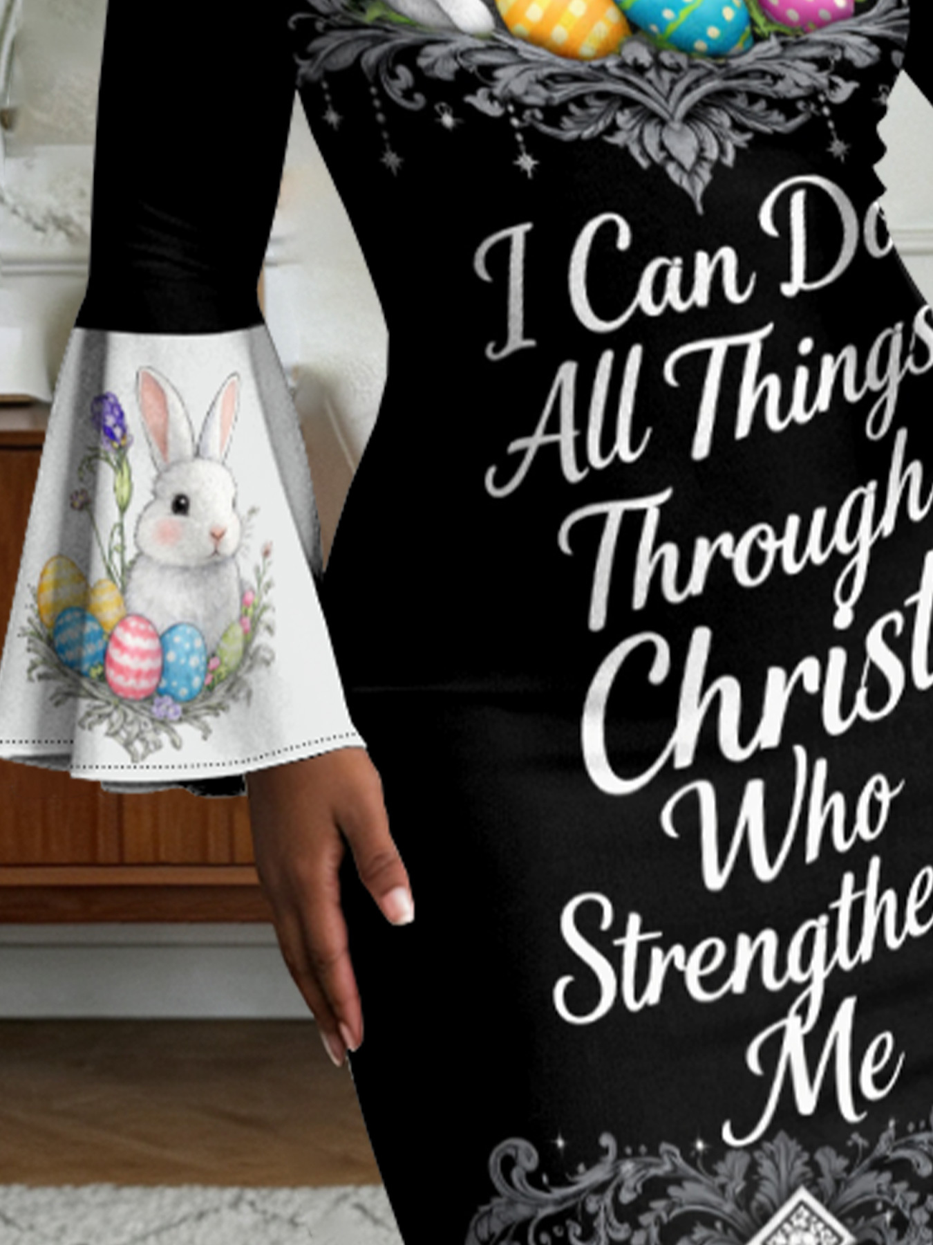 Easter Bunny Christian Cross Flare Sleeve Bodycon Midi Dress