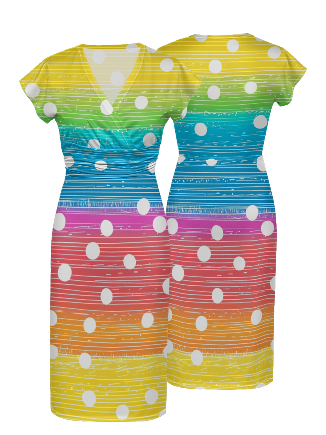 Rainbow Polka Dot Cap Sleeve V-Neck Midi Dress