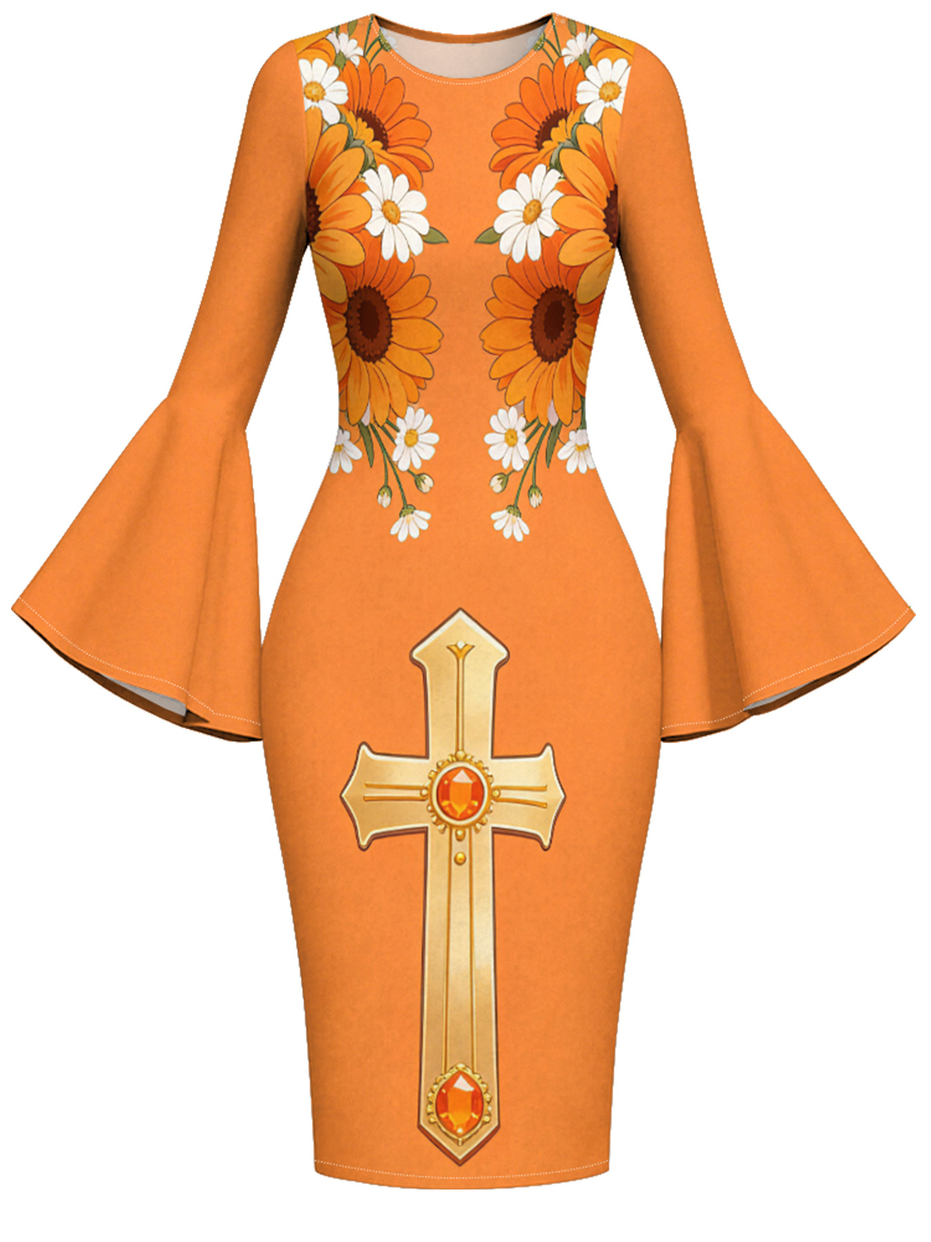 Sunny Orange Gem Cross Easter Flare Sleeve Bodycon Midi Dress