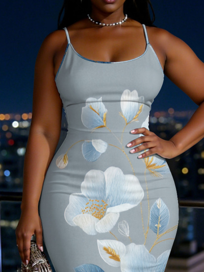 Dusty Blue Watercolor Floral Spaghetti Strap Mermaid Dress GJNQ37146