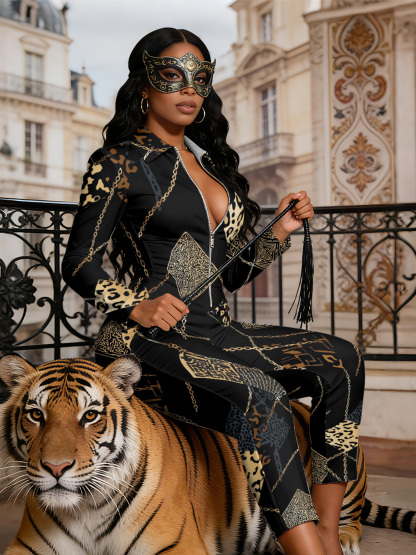 Black Leopard & Gold Chain Long Sleeve Zip-Up Jumpsuit LKJ014