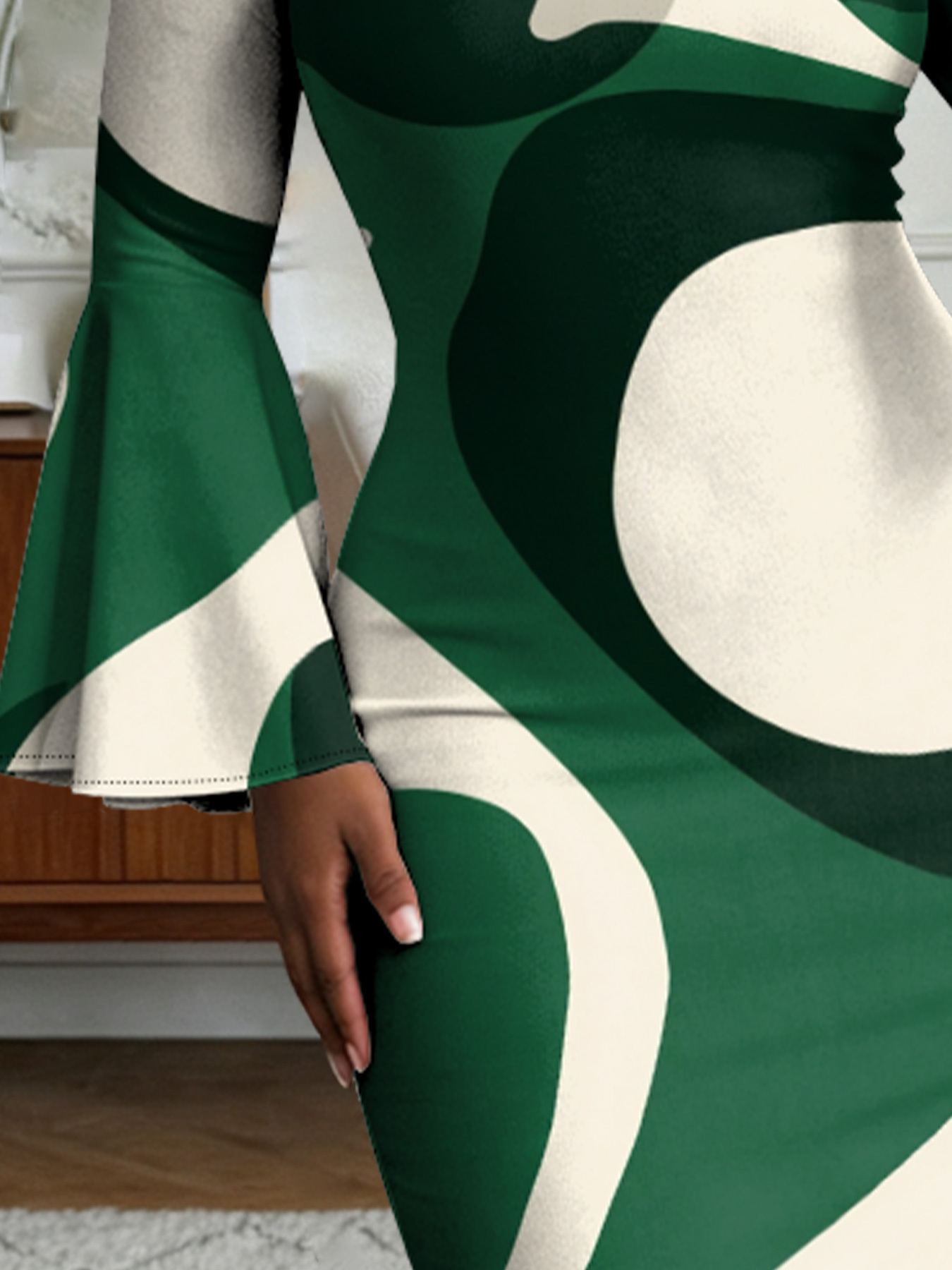 Green & White Abstract Flare Sleeve Bodycon Midi Dress