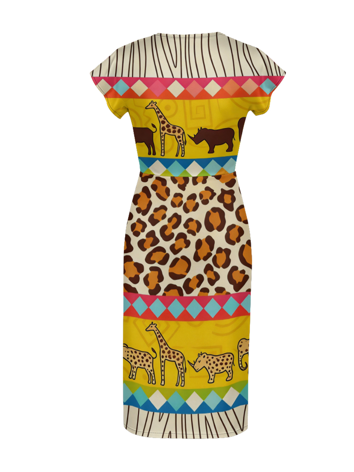 African Safari Cap Sleeve V-Neck Midi Dress
