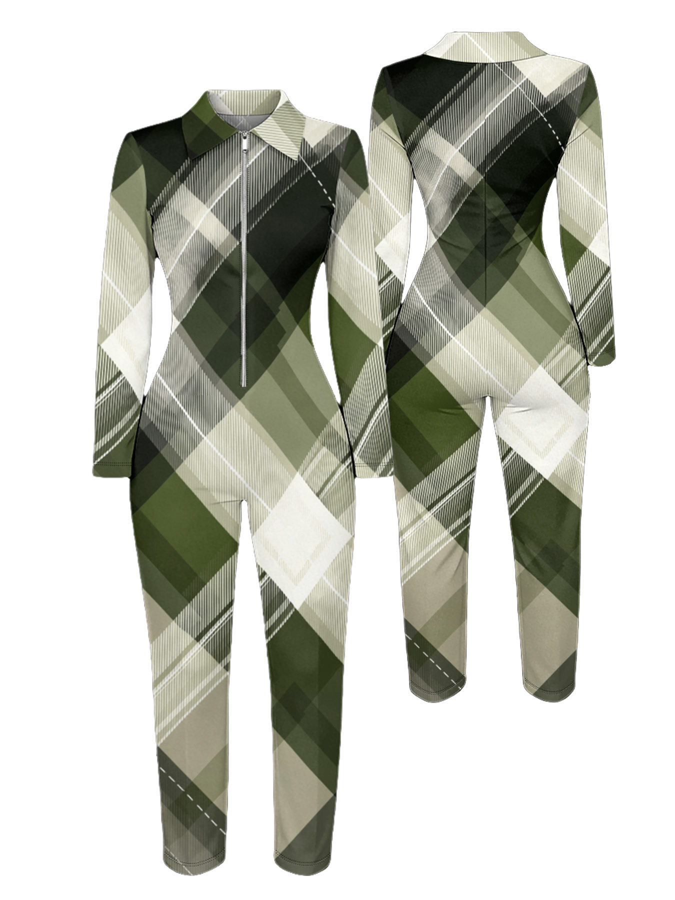 Green Plaid Long Sleeve Zip-Up Jumpsuit