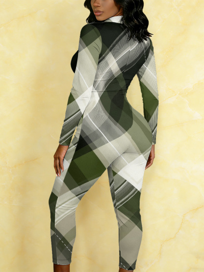 Green Plaid Long Sleeve Zip-Up Jumpsuit