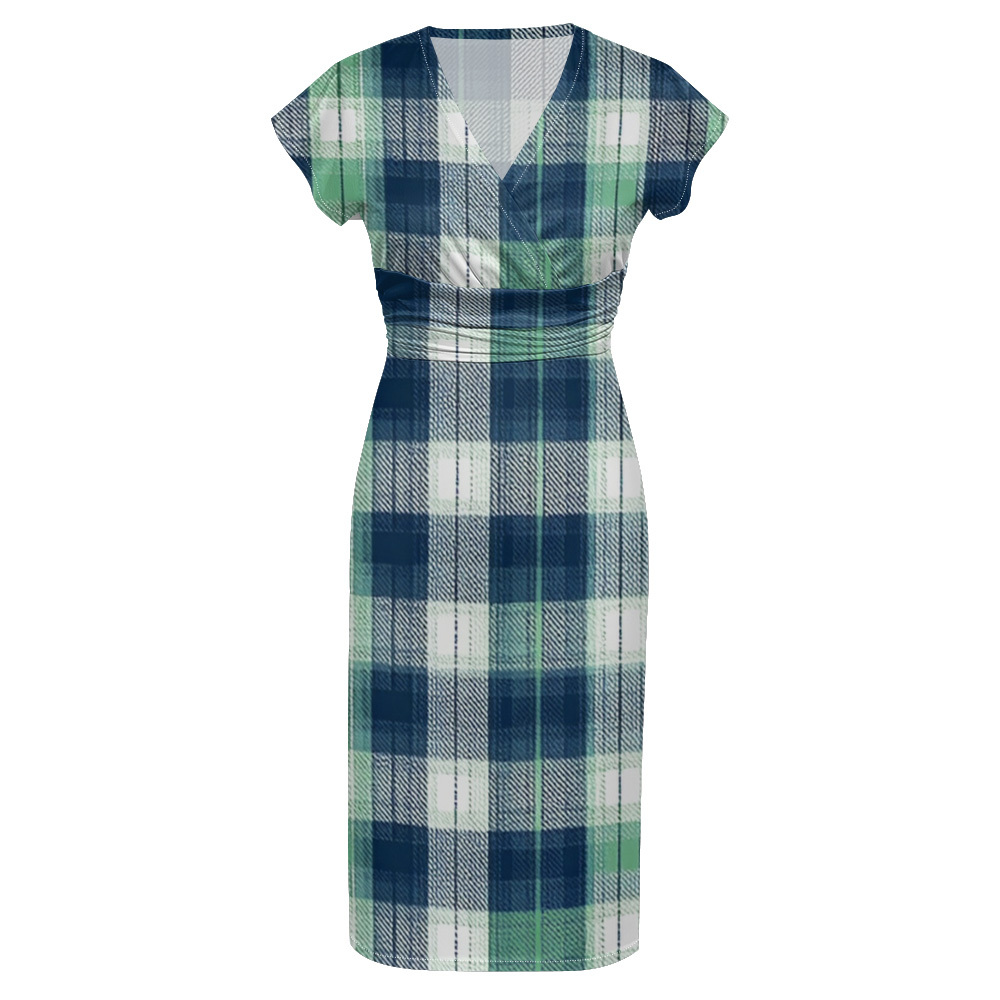Blue & Green Plaid Cap Sleeve V-Neck Midi Dress BCF167