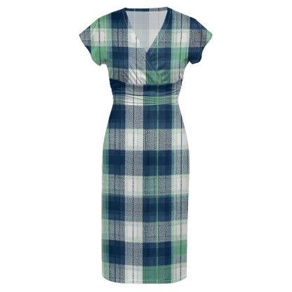 Blue & Green Plaid Cap Sleeve V-Neck Midi Dress BCF167