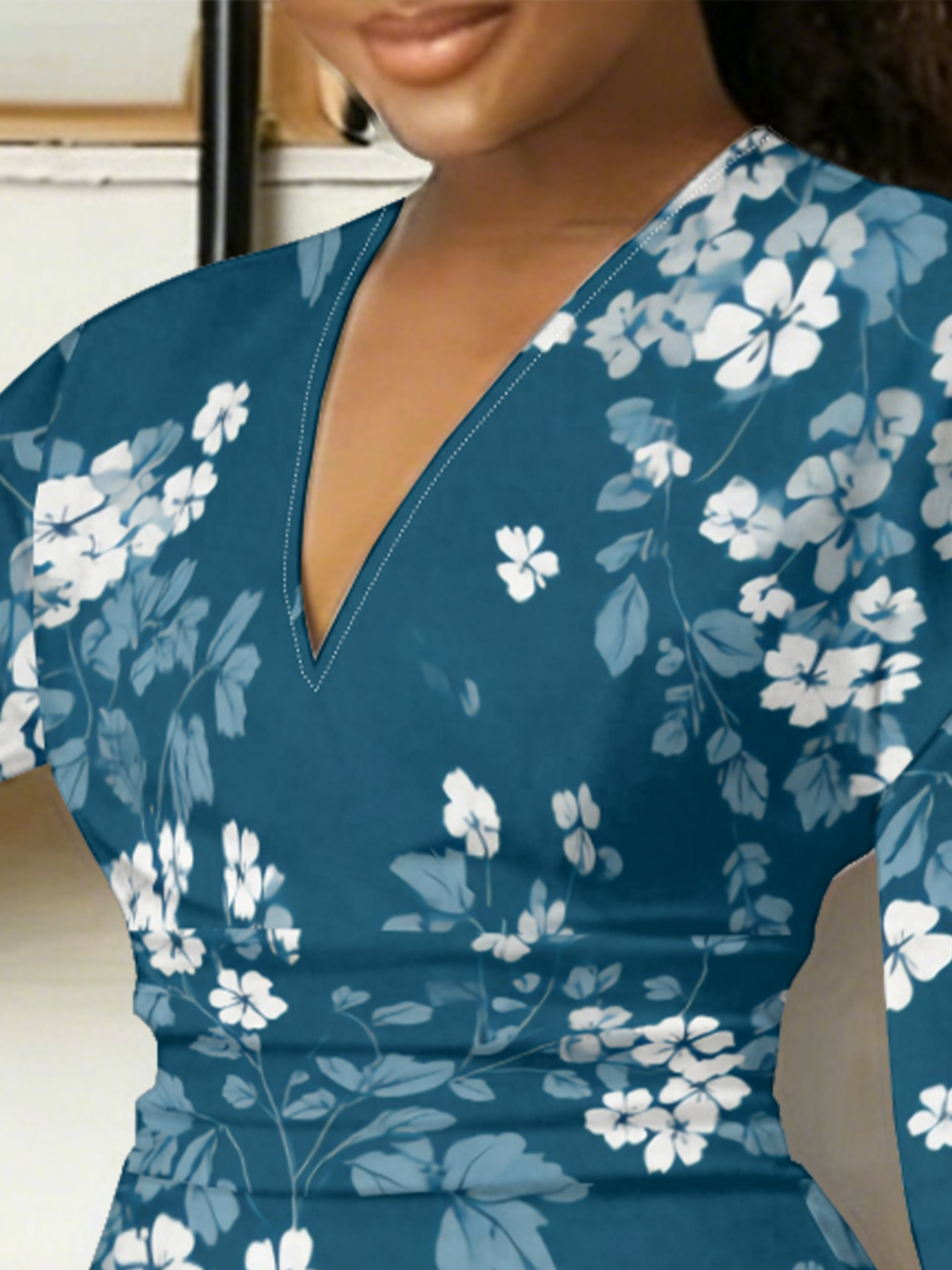 Teal & White Floral V-Neck Bodycon Midi Dress UMG2753