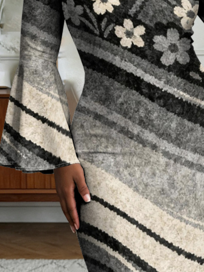 Grey Floral Flare Sleeve Bodycon Midi Dress PON420