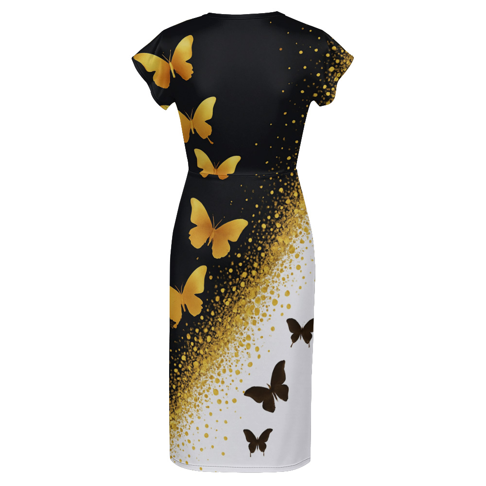 Black White Gold Butterfly Cap Sleeve V-Neck Midi Dress AEG642