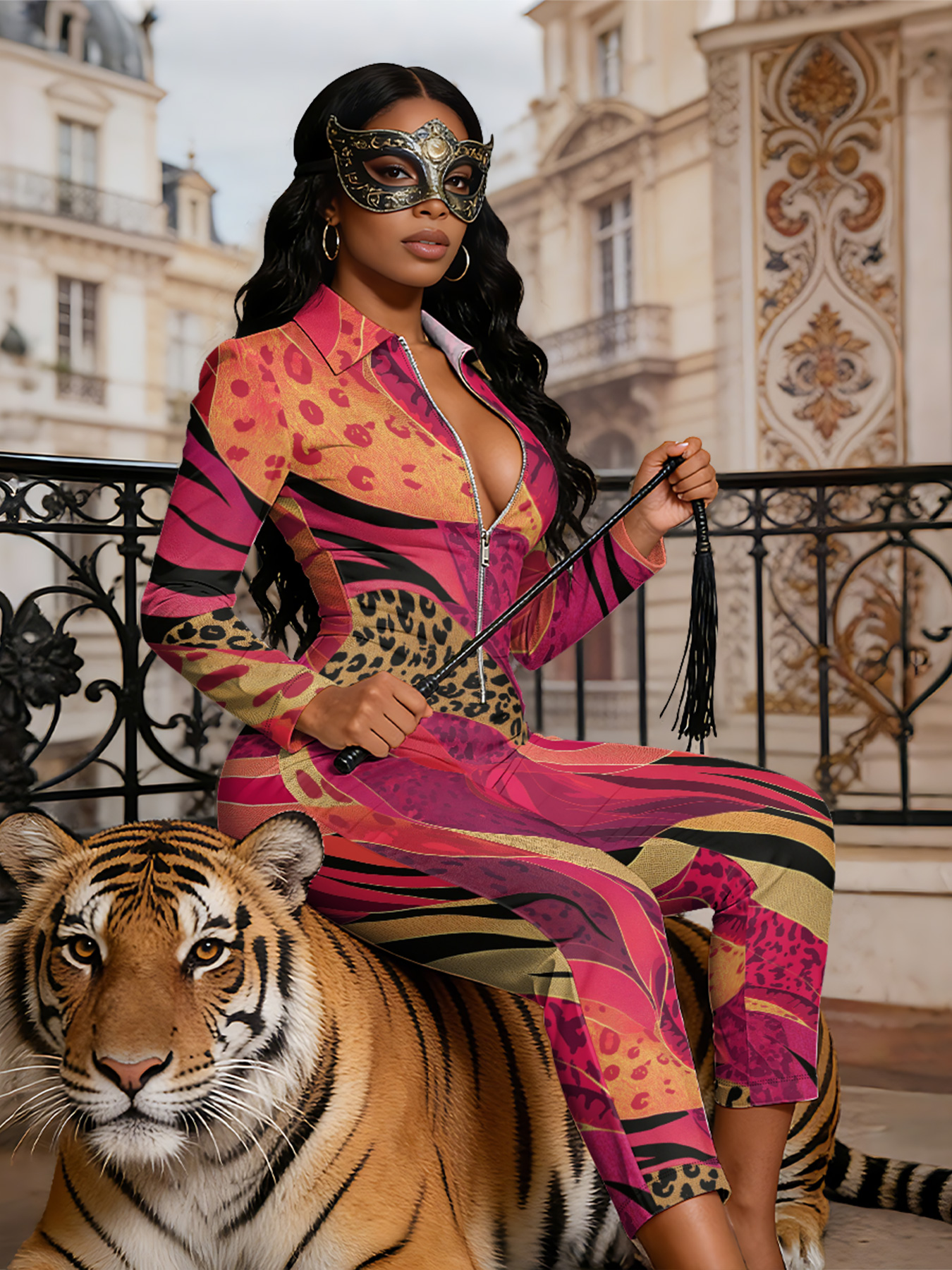 Pink & Orange Leopard Stripe Long Sleeve Zip-Up Jumpsuit 