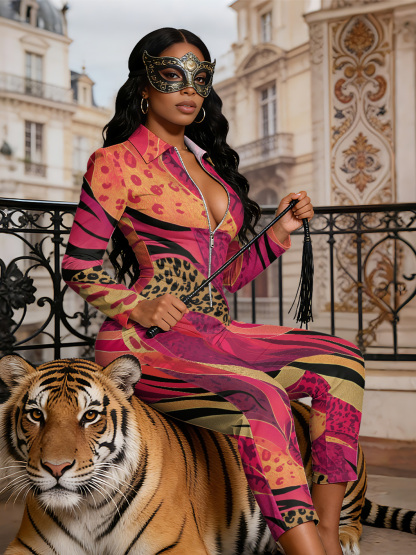 Pink & Orange Leopard Stripe Long Sleeve Zip-Up Jumpsuit 