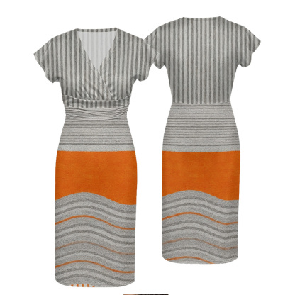 Orange & Gray Striped Cap Sleeve V-Neck Midi Dress YXV895