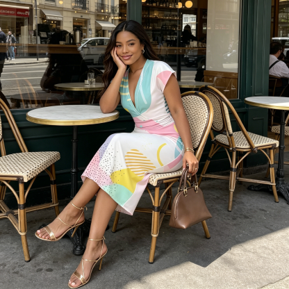 Pastel Abstract Geometric Cap Sleeve V-Neck Midi Dress