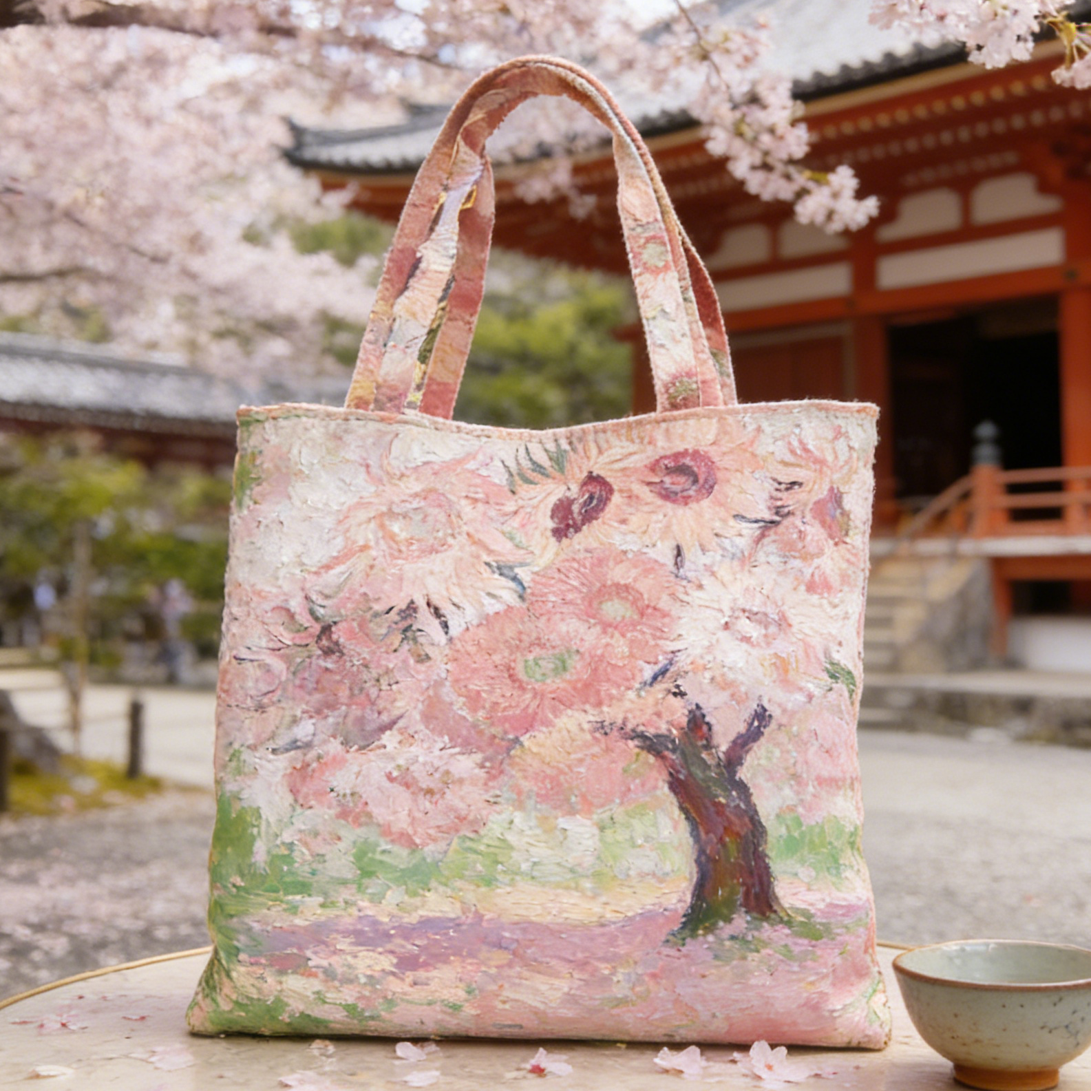 Soft Pink Sakura Art Quilted Tote Bag CMRX4826